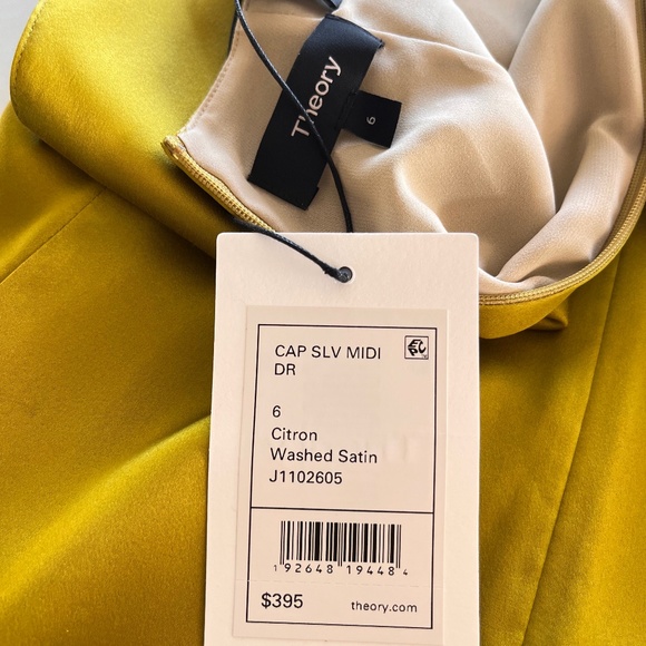 Theory Silk Satin Cap Sleeve MIDI Dress in Citron - Picture 5 of 9